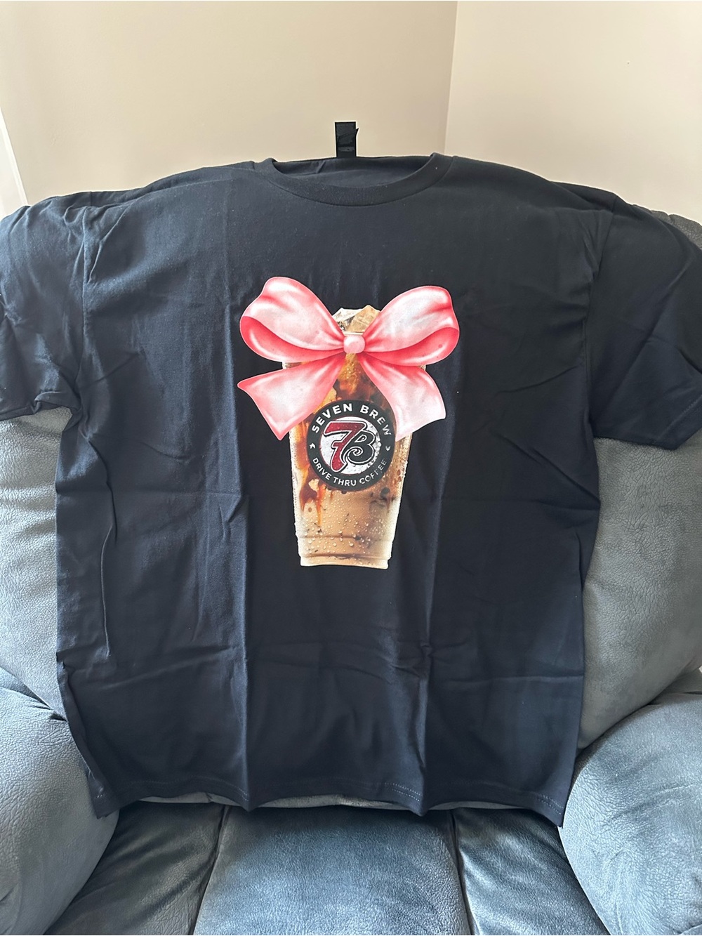 Black Graphic Tee with Pink Bow Coffee Print